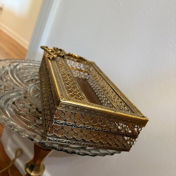 Vintage Ornate Brass Tissue Box w/ Bow Top – 10” x 5” - Picture 4 of 7